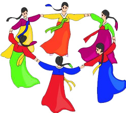 Women in colorful dresses dancing in a circle