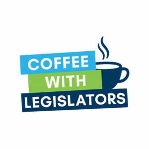 Coffee with Legislators in blue and green rectangles with steaming cup of coffee